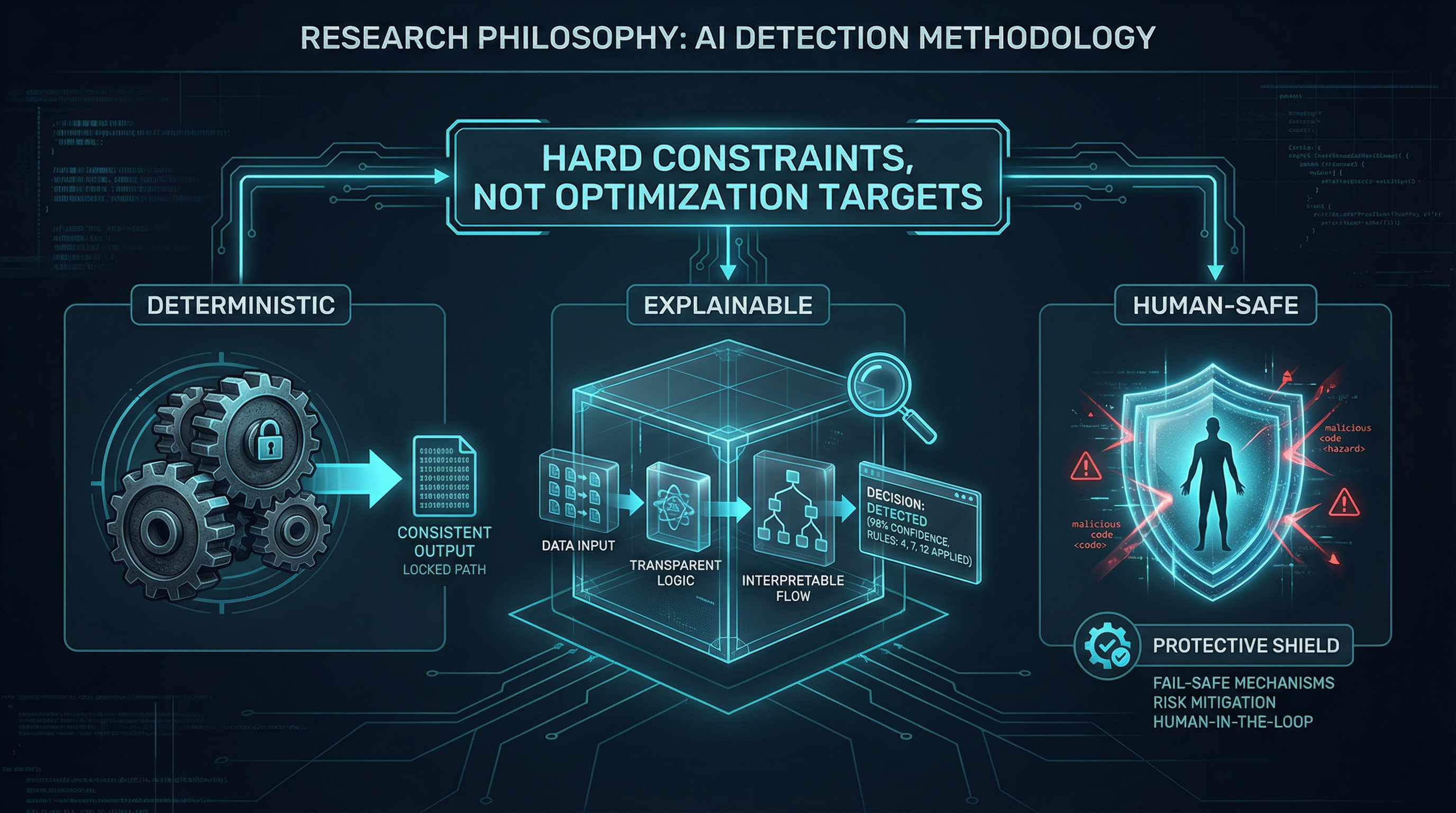 Research philosophy: deterministic, explainable, human-safe